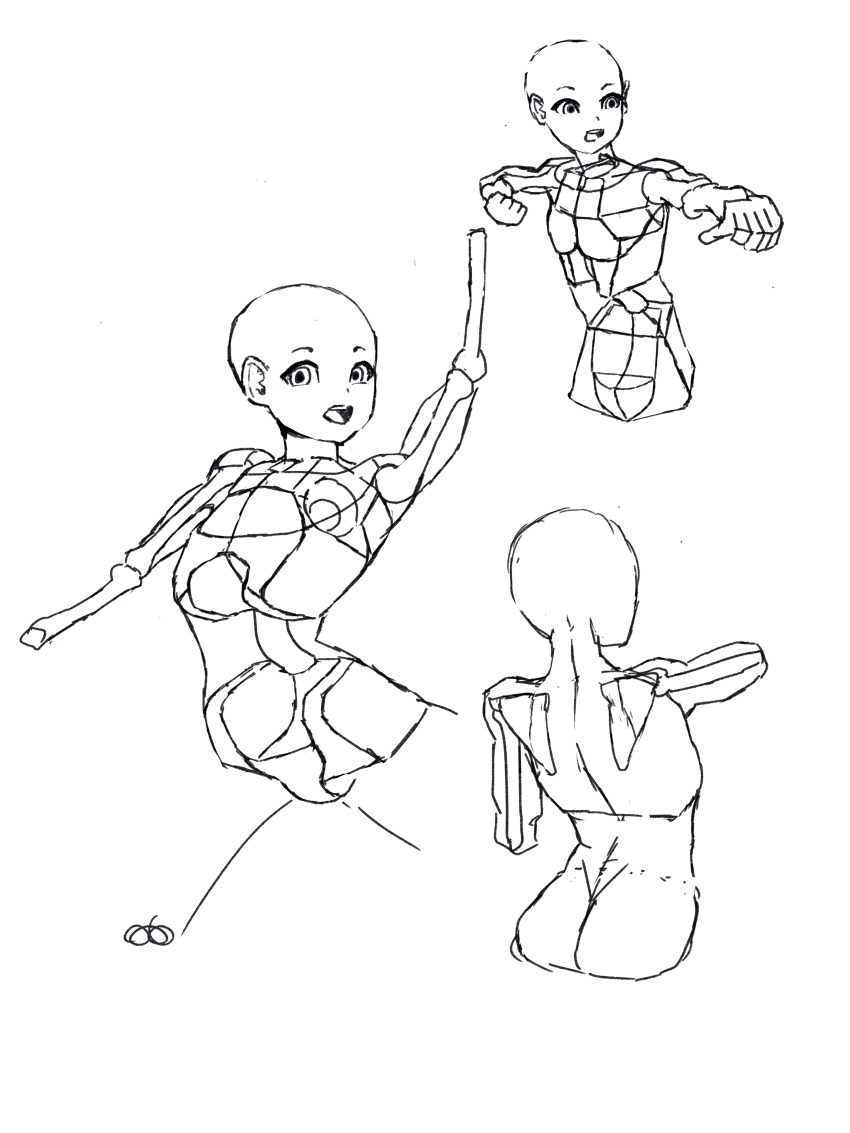 1girl absurdres back commentary english_commentary gesture greyscale highres lineart monochrome non-web_source simple_background sketch