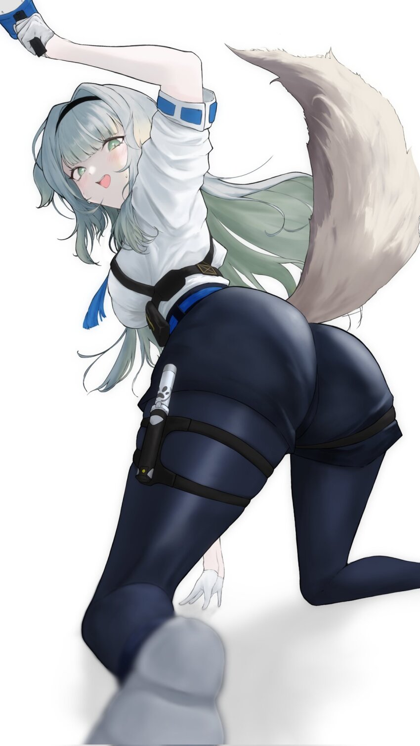 1girl animal_ears ass bent_over blush breasts dog_ears dog_girl dog_tail from_behind green_eyes grey_hair hairband highres holding holding_megaphone kneeling long_hair medium_breasts megaphone meguru_same nijisanji open_mouth pantyhose pantyhose_under_shorts shioriha_ruri shioriha_ruri_(1st_costume) shorts solo sweat tail virtual_youtuber