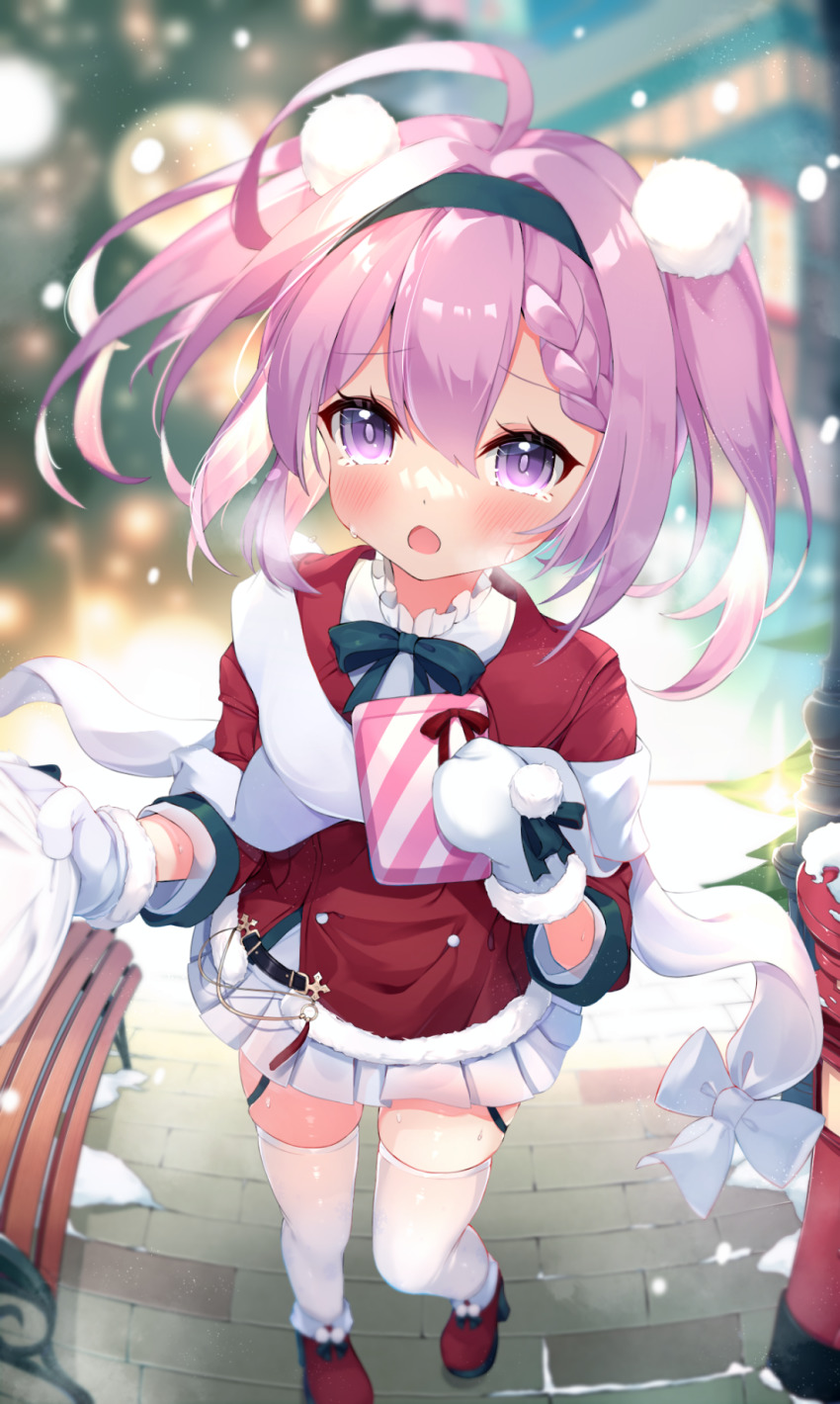 1girl ahoge azur_lane blurry blush bow bowtie braid christmas clothes_grab commentary_request crying crying_with_eyes_open depth_of_field diffraction_spikes dot_nose frills fur_trim gift hair_between_eyes hair_ornament hairband highres holding holding_gift medium_hair miniskirt mittens open_mouth pink_eyes pink_hair pom_pom_(clothes) pom_pom_hair_ornament pov red_footwear santa_costume saratoga_(azur_lane) saratoga_(silent_night_songstress)_(azur_lane) shiira_(nya_rl) skindentation skirt solo tears thighhighs twintails white_mittens white_skirt