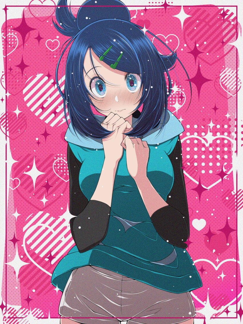 1girl black_hair blue_eyes blue_hair blush closed_mouth cowlick eyelashes fujiwara_hiro_(kaede_ciao) hair_bun hair_ornament hairclip highres hood hoodie liko_(pokemon) long_hair long_sleeves looking_at_viewer multicolored_hair nintendo pokemon pokemon_(anime) pokemon_horizons shirt short_sleeves shorts smile
