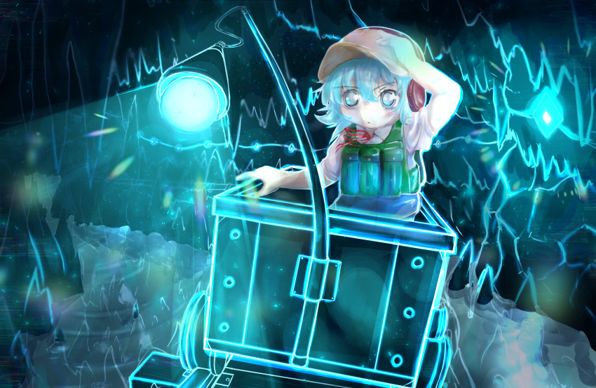 1girl absurdres baseball_cap blue_eyes blue_hair blue_theme blush brown_hat bulletproof_vest catistennsi1 cave_interior cirno cirno_(cookie) closed_mouth commentary_request cookie_(touhou) expressionless hair_between_eyes hand_on_headwear hat highres lamp minecart short_hair solo touhou upper_body