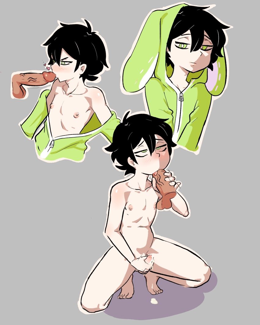 2boys absurdres aged_down andrew_graves black_hair blush completely_nude cum disembodied_penis ejaculation erection fellatio green_eyes grey_background hair_between_eyes heart highres looking_at_viewer male_focus male_masturbation masturbation multiple_boys multiple_views nude onesie oral penis shadow shota tadakuni testicles the_coffin_of_andy_and_leyley tongue veins veiny_penis yaoi