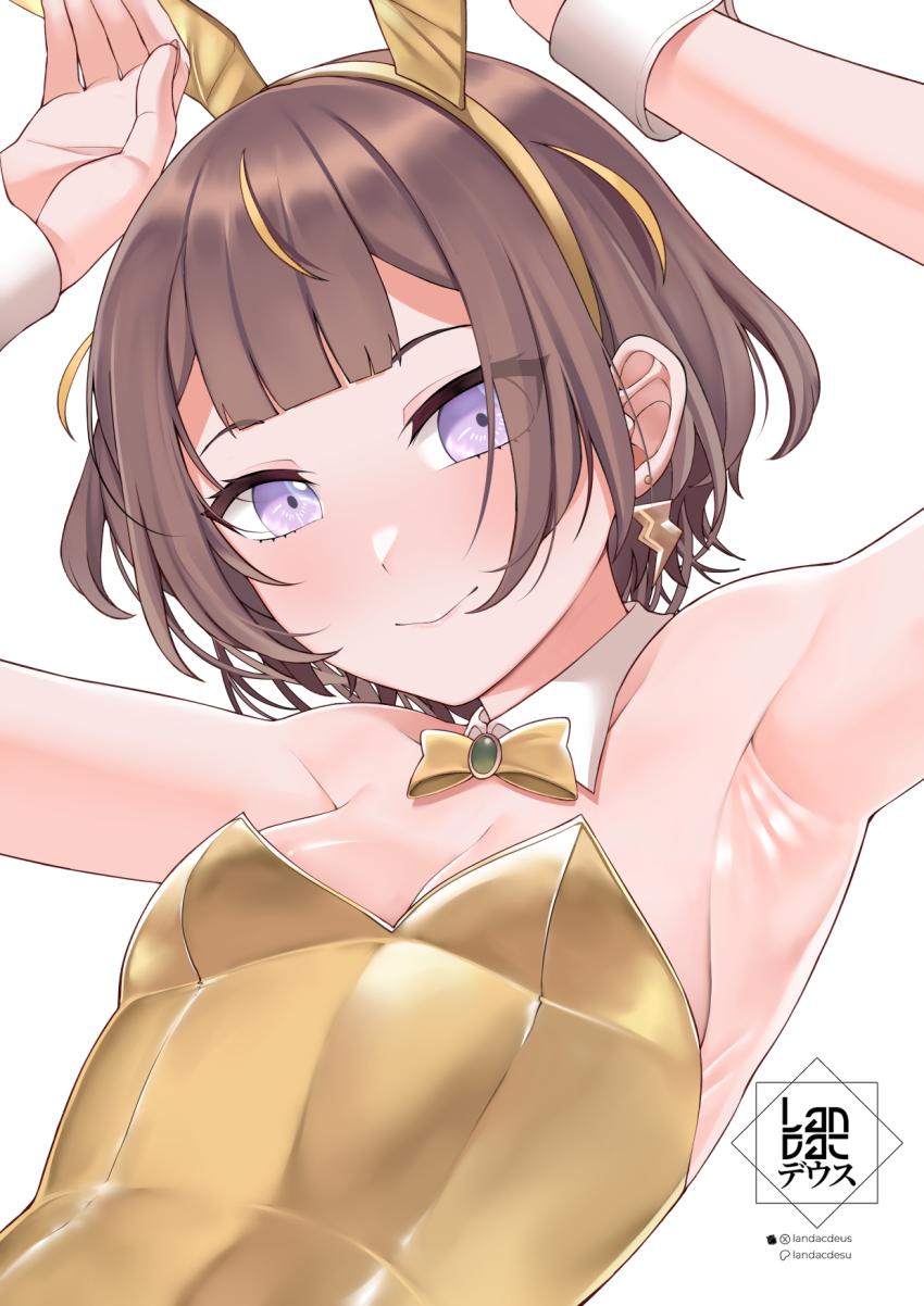 animal_ear_hairband animal_ears anya_melfissa armpits artist_logo artist_name blonde_hair bow bowtie brown_hair closed_mouth collar detached_collar earrings fake_animal_ears gold_leotard hairband highres hololive hololive_indonesia jewelry landacdeus leotard lightning_bolt_earrings lightning_bolt_symbol logo multicolored_hair playboy_bunny presenting_armpit purple_eyes rabbit_ear_hairband rabbit_ears rabbit_pose streaked_hair upper_body virtual_youtuber white_collar white_wrist_cuffs wrist_cuffs yellow_bow yellow_bowtie