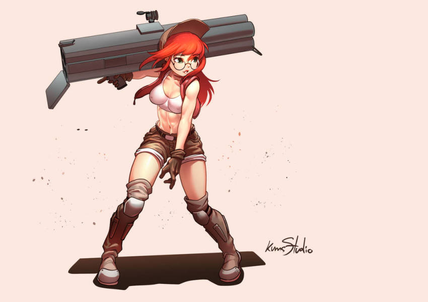 1girl abs fio_germi glasses gloves gun m202_flash metal_slug metal_slug_attack multiple-barrel_gun multishot_rocket_launcher rocket_launcher snk weapon