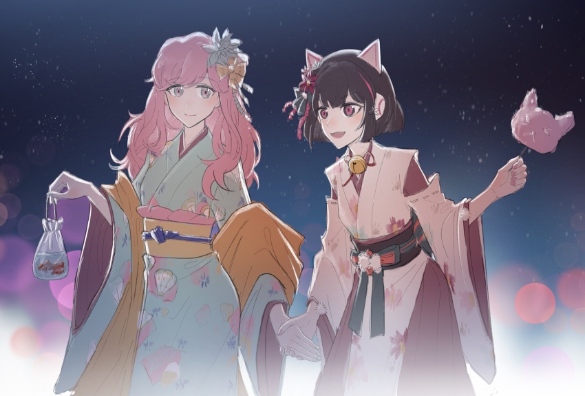 2girls :d absurdres animal_ears aqua_kimono asakura_neko atrovirens bag bell black_sash black_sky blurry bokeh bow candy cat_ears closed_mouth commentary cotton_candy cytus cytus_ii depth_of_field detached_sleeves english_commentary fish floral_print floral_print_kimono flower food goldfish grey_eyes hair_bow hair_flower hair_ornament headphones highres holding holding_bag holding_candy holding_cotton_candy holding_food holding_hands japanese_clothes jingle_bell kimono long_hair long_sleeves looking_at_viewer multiple_girls neck_bell neck_ribbon obi open_mouth outdoors pink_eyes print_kimono red_ribbon ribbon ribbon-trimmed_sleeves ribbon_trim sash short_hair sky smile standing star_(sky) starry_sky tassel tassel_hair_ornament vanessa_(cytus) white_kimono white_sleeves wide_sleeves yellow_bow yuri