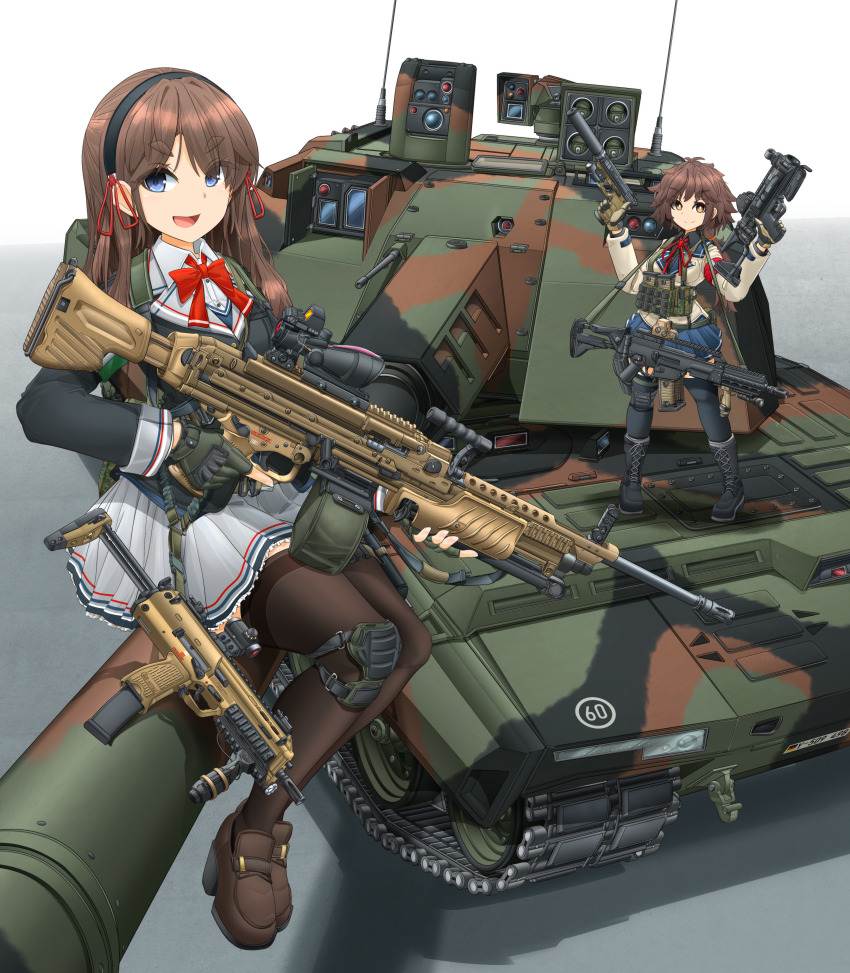 2girls 5.56x45mm_nato absurdres ammunition ammunition_pouch armband assault_rifle asymmetrical_dual_wielding black_footwear black_hairband black_jacket black_shirt black_thighhighs blue_eyes blue_skirt boots bow bowtie breasts bright_pupils brown_eyes brown_footwear brown_hair brown_jacket bullet carbine carbine_cartridge caterpillar_tracks collared_shirt combat_boots commentary_request dmr_cartridge dual_wielding fingerless_gloves gloves gradient_background green_gloves grenade_launcher grey_skirt gun h&amp;k_g36 h&amp;k_mark_23 h&amp;k_mg4 h&amp;k_mp7 hair_ribbon hairband handgun hands_up heckler_&amp;_koch highres holding holding_gun holding_weapon intermediate_cartridge jacket kac_mk23_suppressor knda_deutschland knee_pads knight&#039;s_armament_company lace-up_boots light_machine_gun lmg_cartridge load_bearing_vest loafers long_hair long_sleeves looking_at_viewer low_ponytail m320 machine_gun magazine_(weapon) medium_breasts mikeran_(mikelan) military_vehicle miniskirt motor_vehicle multiple_girls neck_ribbon no_humans offensive_handgun open_mouth original panther_kf51 personal_defense_weapon pleated_skirt ponytail pouch radio_antenna red_armband red_bow red_bowtie red_ribbon remote_controlled_weapon_station rheinmetall ribbon rifle rifle_cartridge school_uniform scope shadow shirt shoes short_eyebrows sitting skirt smile stand-alone_configuration standing submachine_gun suppressor tank thick_eyebrows thighhighs translucent trigger_discipline v-shaped_eyebrows vehicle_focus vertical_foregrip weapon weapon_request white_pupils white_shirt