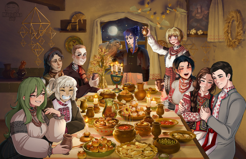 2boys 6+girls artist_collaboration artist_request bird blonde_hair blush borscht_(food) braid brown_hair candle closed_eyes crumbs cup dining_room dumpling eating eva_(kavunyak) everyone feast food funkiflame green_hair group_picture hair_over_shoulder hanna_kovalchuk holding holding_cup holding_hands jewelry levchenko_ahapiia_oleksandrivna long_hair looking_at_another marichka mechanical_arms medium_hair miaz moon multiple_boys multiple_girls necklace night nika_(usergore) nose_blush olesya_(miaz) open_mouth original owl pits007 pottery procrastynacia prosthesis prosthetic_arm russo-ukrainian_war short_hair single_mechanical_arm slavic_clothes smile sphenodaile star_(sky) stepan_(lenumerodixsept) table ukraine ukrainian_clothes usergore victor_melnyk watermark white_hair