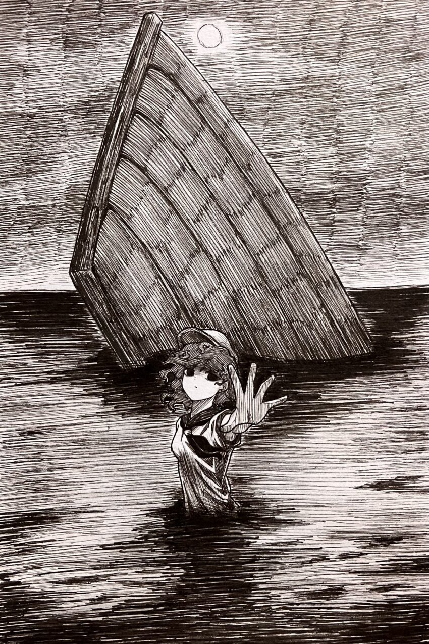 1girl agaribito_snail collared_shirt expressionless hat highres looking_at_viewer monochrome murasa_minamitsu neckerchief ocean outstretched_arm outstretched_hand partially_submerged ship shipwreck shirt short_hair short_sleeves solo touhou water watercraft