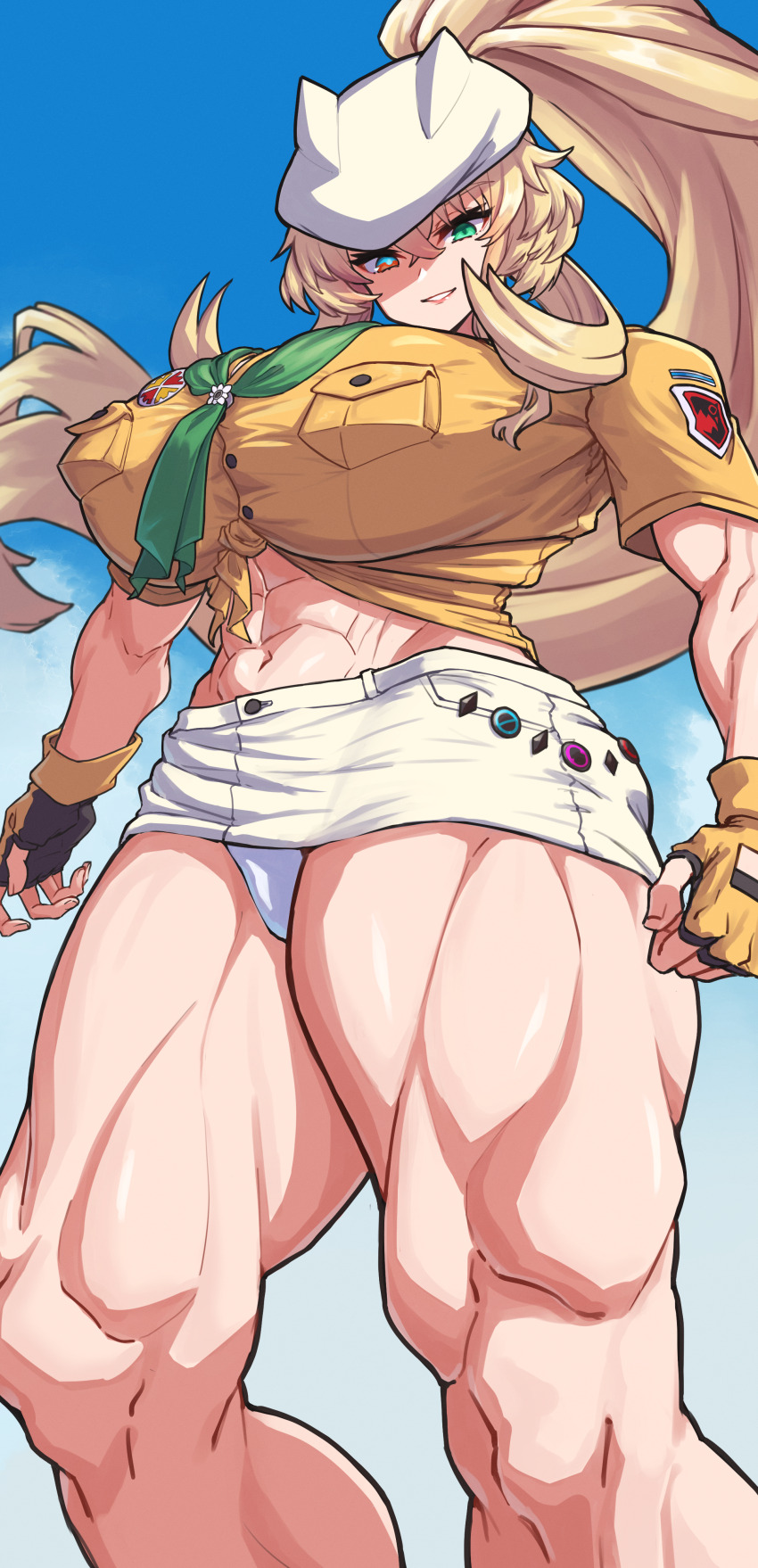 1girl abs absurdres barghest_(fate) barghest_(swimsuit_archer)_(fate) barghest_(swimsuit_archer)_(first_ascension)_(fate) biceps blonde_hair breasts cleavage fate/grand_order fate_(series) fingerless_gloves gloves green_eyes grey_hat grey_skirt grin hat high_ponytail highres huge_breasts kamomasaki long_hair looking_at_viewer midriff miniskirt muscular muscular_female navel neckerchief pencil_skirt ponytail shirt short_sleeves sidelocks skirt smile solo thick_thighs thighs tied_shirt yellow_gloves yellow_shirt