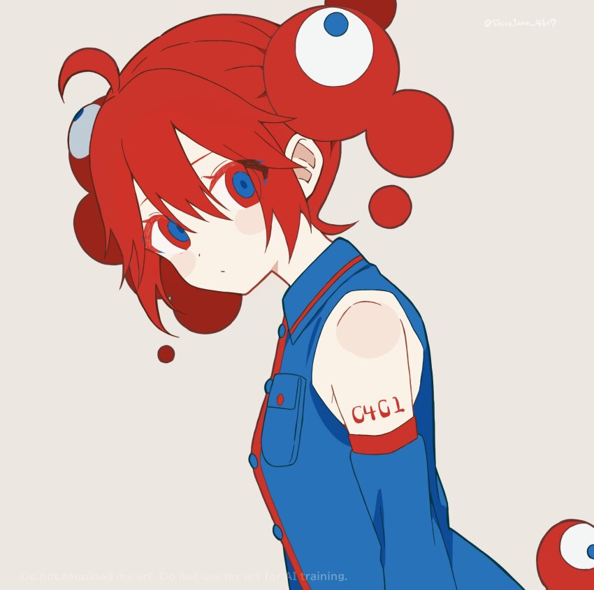 1girl ahoge alternate_hairstyle black_sleeves blue_eyes blue_shirt blush breast_pocket buttons closed_mouth collared_shirt detached_sleeves expo2025 flat_chest grey_background highres kasane_teto kasane_teto_(utau) looking_at_viewer multicolored_eyes myaku-myaku number_tattoo pocket red_eyes red_hair red_tattoo shira_461 shirt shoulder_tattoo simple_background sleeveless sleeveless_shirt tattoo two-tone_eyes upper_body utau wing_collar