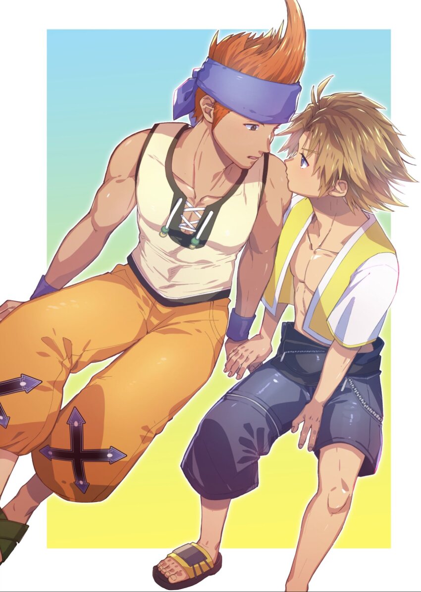2boys aged_down asymmetrical_clothes blonde_hair blue_eyes blue_headband brown_eyes gradient_background hand_on_another&#039;s_hand headband highres imminent_kiss kingdom_hearts male_focus multiple_boys open_clothes open_shirt pants red_hair sandals short_hair shorts slippers spiked_hair square_enix tan tidus wakka wristband yaoi yuzuruha_imai
