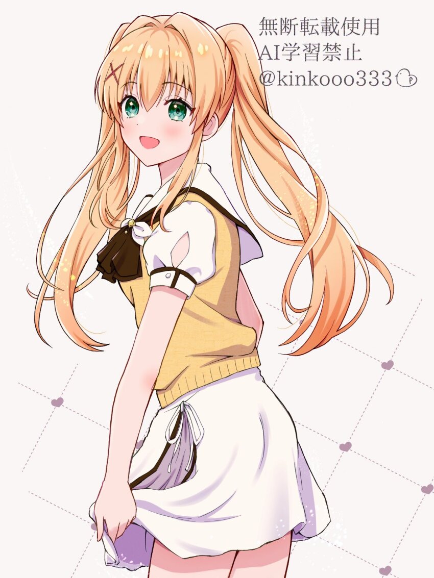 1girl :d ascot black_ascot blonde_hair blush commentary cowboy_shot eyelashes from_side green_eyes hair_between_eyes hair_intakes hair_ornament happy highres long_hair miniskirt open_mouth piyo_(kinkooo333) puffy_short_sleeves puffy_sleeves sailor_collar school_uniform short_sleeves sidelocks simple_background skirt skirt_hold smile solo summer_pockets summer_pockets_school_uniform sweater_vest tsumugi_wenders twintails twitter_username white_background white_sailor_collar white_skirt x_hair_ornament yellow_sweater_vest