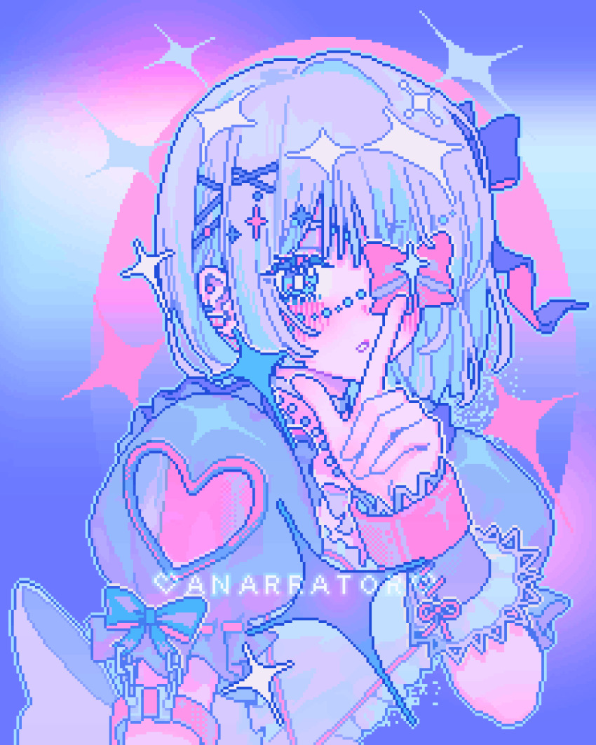 1girl :o animated animated_gif apangbai_(anarrator) apron armlet artist_name bead_necklace beads blinking blue_background blue_bow blue_eyes blue_hair blue_outline blue_ribbon bow bow_eyepatch bowtie bracelet bright_pupils chain chinese_commentary choker closed_mouth clothing_cutout colored_inner_hair commentary_request cross-laced_armwear eyelashes eyepatch finger_to_mouth floating_hair frilled_apron frilled_arm_warmers frilled_sleeves frills gradient_background grey_arm_warmers grey_bow grey_bowtie grey_hair grey_shirt hair_bow hair_ornament hair_ribbon hairclip hand_on_own_chin happy heart heart_cutout heart_print highres jewelry light_blush limited_palette lipstick looping_animation makeup multicolored_hair necklace open_mouth original outline pastel_colors pink_bow pink_lips pink_ribbon pixel_art puffy_short_sleeves puffy_sleeves ribbon shirt short_hair short_sleeves shoulder_cutout sleeve_bow smile solo sparkle sparkle_hair_ornament surprised tress_ribbon upper_body watermark white_apron white_choker white_pupils wind