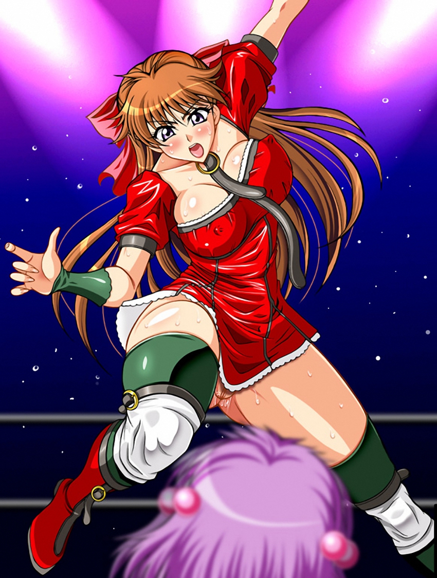 2girls action angry arm_up blue_eyes blush boots bow breasts brown_hair covered_erect_nipples dress hair_bobbles hair_bow hair_ornament highres jumping knee_pads large_breasts long_hair md5_mismatch motion_blur multiple_girls mutou_megumi no_panties open_mouth purple_hair pussy pussy_juice rainkeru resolution_mismatch shiny_clothes short_dress short_hair skin_tight source_smaller spread_legs thighhighs thighs uncensored wrestle_angels wrestler wrestling wrestling_ring yuuki_chigusa