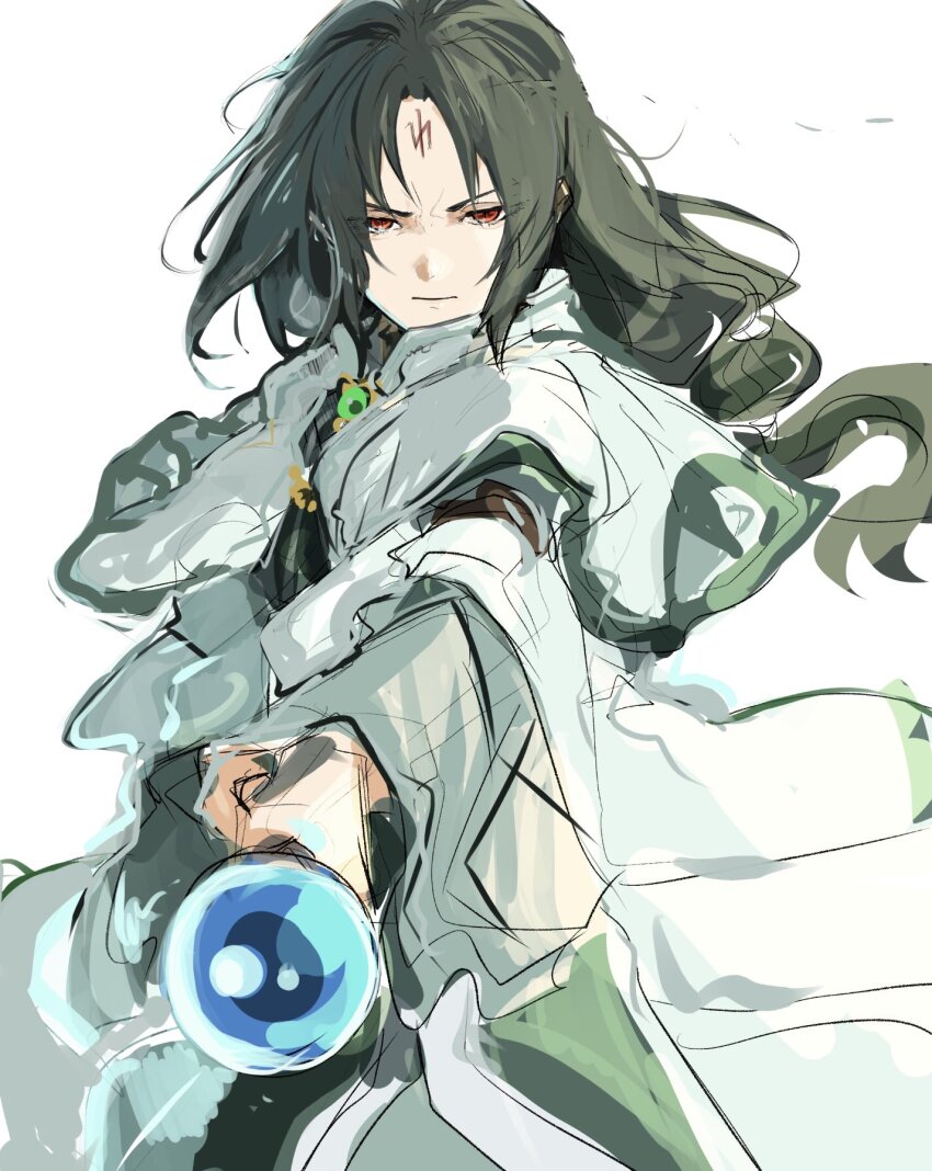 1boy androgynous black_hair brooch capelet facial_mark fire_emblem fire_emblem:_radiant_dawn forehead_mark frown gem green_gemstone highres holding holding_staff jewelry long_hair male_focus nintendo red_eyes robe solo soren_(fire_emblem) soren_(radiant_confidant)_(fire_emblem) staff sutekina_yari white_background
