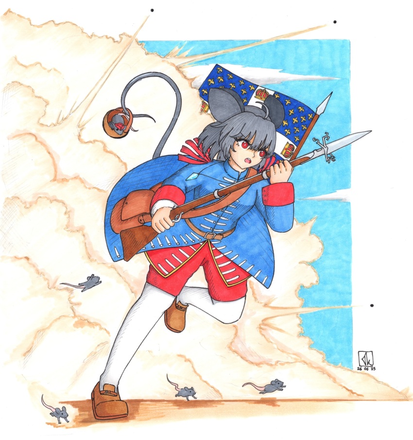 1girl ahoge alternate_costume animal_ears antique_firearm basket blue_coat brown_shoes coat commentary commission dated english_commentary explosion firearm flag french_army full_body grey_hair gun highres military_uniform mouse_(animal) mouse_ears mouse_girl nazrin open_mouth red_eyes red_shorts shoes short_hair shorts signature thatkirisame touhou weapon