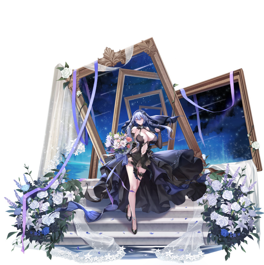 1girl alpha_transparency black_bridal_gauntlets black_dress black_shoes black_veil blue_flower blue_rose bouquet breasts bridal_gauntlets cleavage clothing_cutout commentary counter:side crossed_legs curtains dress english_commentary floating_clothes flower full_body hair_between_eyes halter_dress halterneck high_heels highres holding holding_bouquet huge_breasts long_hair looking_at_viewer meteor_shower navel navel_cutout official_alternate_costume official_art petals pink_eyes purple_hair revealing_clothes rose shoes showgirl_skirt sky smile solo stairs standing star_(sky) starry_sky swan_claire thigh_strap veil wedding_dress white_flower white_rose