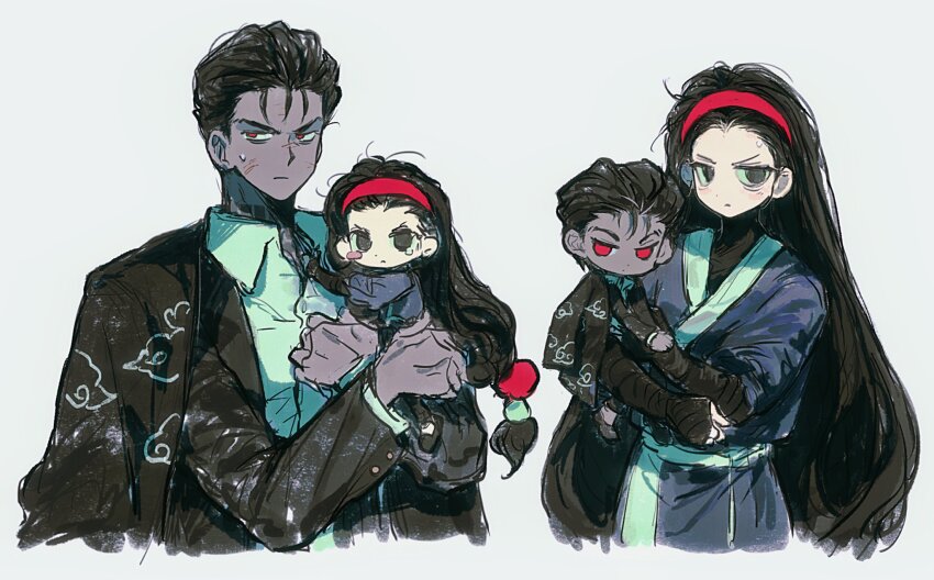 2boys 2girls aeng-du_(project_moon) aged_down anzekeye black_coat black_eyes black_hair black_jacket closed_mouth coat coat_on_shoulders collared_shirt hair_slicked_back hairband hands_up highres jacket jun_(project_moon) limbus_company long_hair long_sleeves looking_at_viewer low-tied_long_hair multiple_boys multiple_girls project_moon red_eyes red_hairband shirt simple_background sweat very_long_hair white_background white_shirt