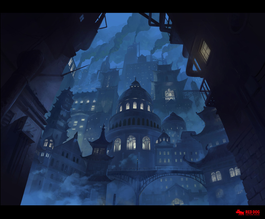 arch_bridge arched_window blue_sky bridge building city cityscape dome fog highres night night_sky no_humans original road scenery sky slow_d smoke smokestack street truss window