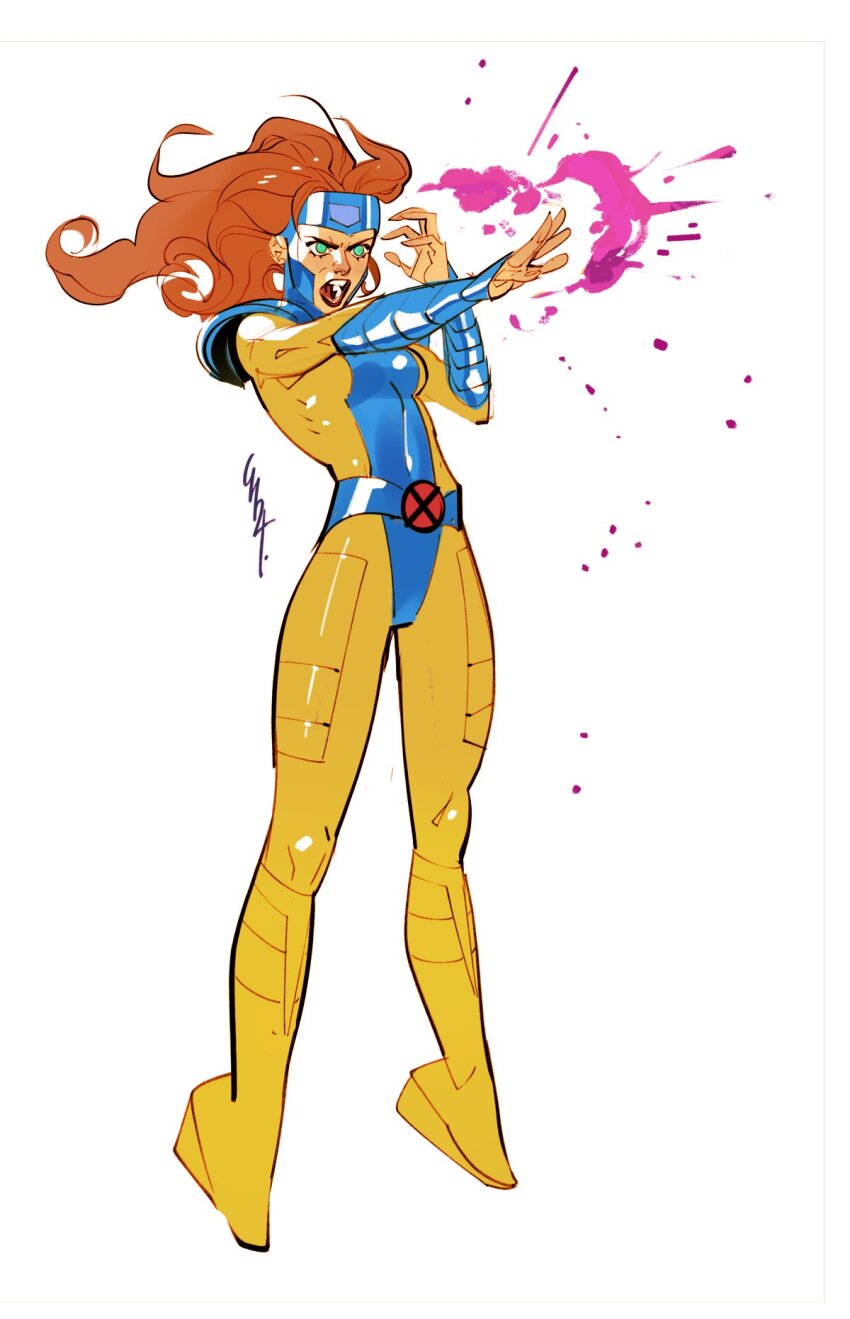 1girl belt blue_belt blue_bodysuit bodysuit breasts conorhughes full_body green_eyes highres jean_grey long_hair magic marvel medium_breasts open_mouth orange_hair signature simple_background solo two-tone_bodysuit white_background x-men x-men:_the_animated_series yellow_bodysuit