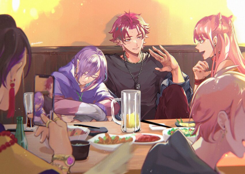 1other 4boys ankekkai anne_faulkner aqua_hair black_hair camera closed_eyes closed_mouth earrings food highres holding holding_phone jewelry long_hair looking_at_another maruyama_reo medium_hair multicolored_hair multiple_boys paradox_live phone pink_hair purple_hair red_eyes red_hair short_hair sitting sleeping sugasano_allen suiseki_iori tassel tassel_earrings yatonokami_kanata
