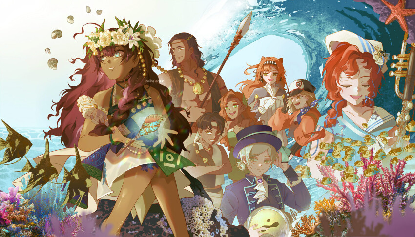3boys 6+girls :d ahoge ascot barcarola_(reverse:1999) bare_shoulders black_coat black_hat blue_bow blue_eyes blue_neckerchief blue_shirt boater_hat bow brown_hair brown_vest closed_eyes coat conch coral dark-skinned_female dark_skin dixie_cup_hat dress facing_viewer fatutu feet_out_of_frame ferrofluid fishbowl_helmet flower flower_wreath gloves green_dress green_eyes grin hand_up hat hat_bow head_wreath highres holding holding_polearm holding_weapon jacket jewelry kamuta_(reverse:1999) long_braid looking_to_the_side military_hat multiple_boys multiple_girls neckerchief necklace newsboy_cap open_mouth orange_eyes orange_hair polearm polka_dot_neckerchief raina_(luckywolf) red_hair red_jacket regulus_(reverse:1999) reverse:1999 sailor_collar shell shell_necklace shirt short_hair sleeveless sleeveless_shirt smile sonetto_(reverse:1999) spear toned toned_male tropical_fish two_side_up ulrich_(reverse:1999) upper_body vertin_(reverse:1999) vest waves weapon white_ascot white_dress white_flower white_gloves white_hat white_shirt