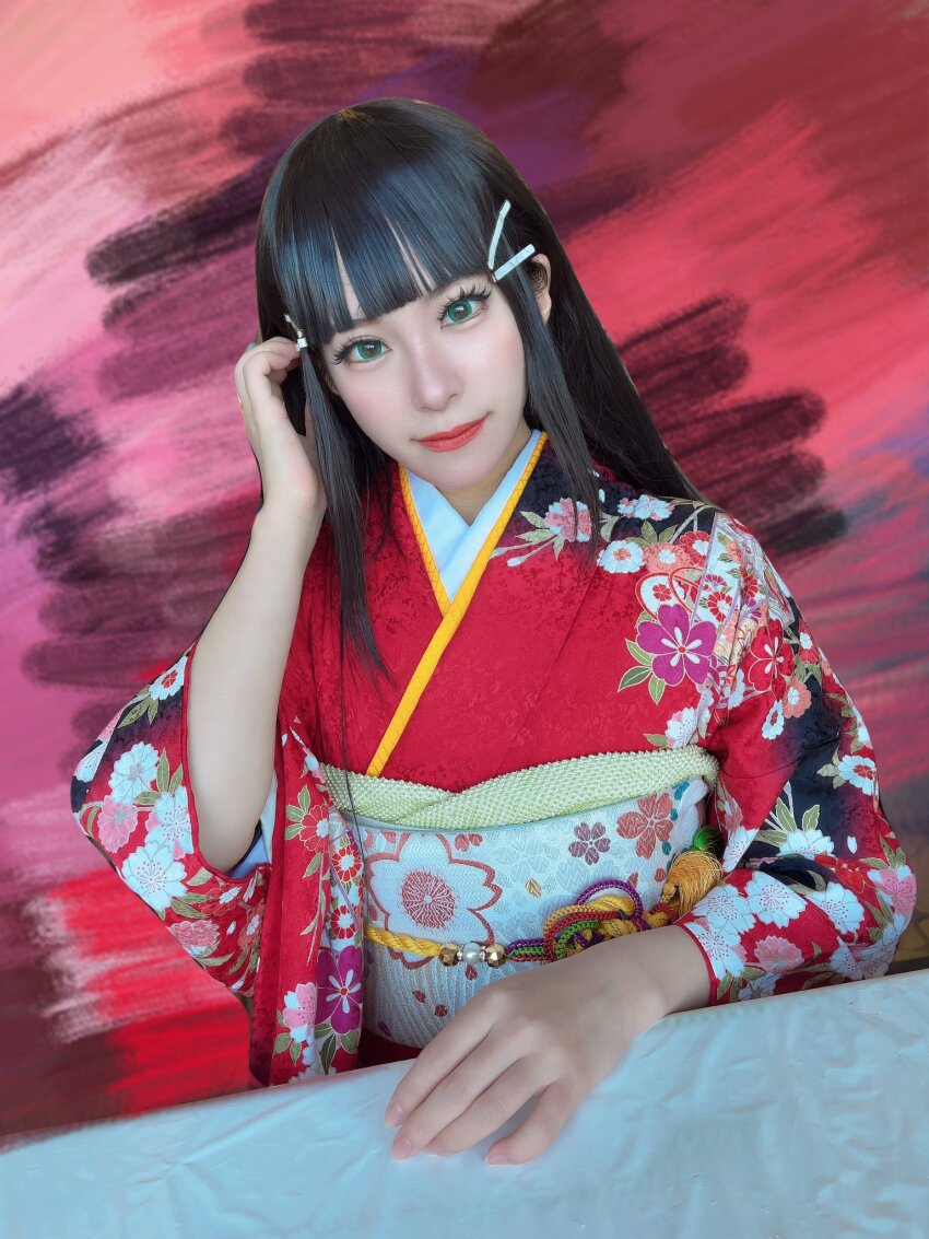 1girl black_hair cosplay cosplay_photo green_eyes honamen_cos japanese_clothes kimono kurosawa_dia lipstick long_hair looking_at_viewer love_live! love_live!_sunshine!! makeup photo_(medium) standing