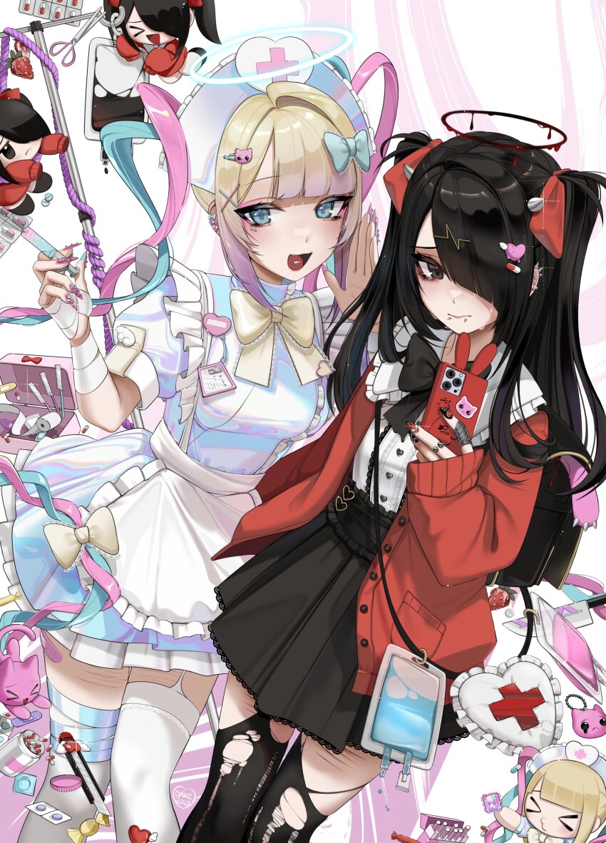 2025 2girls absurdres ame-chan_(needy_girl_overdose) apron artist_name backpack bag bandage_on_thigh bandaged_wrist bandages bandaid bandaid_on_thigh barbell_piercing black_bag black_bow black_eyes black_hair black_nails black_skirt black_thighhighs blonde_hair blood blood_halo blue_bow blue_eyes blue_hair blue_halo blunt_bangs bow cardigan cellphone center_frills chouzetsusaikawa_tenshi-chan closed_mouth dakemichan dated dress ear_piercing earrings eyelashes fake_horns fang frilled_dress frills garter_straps glowing glowing_halo gradient_hair hair_bow hair_ornament hair_over_one_eye hair_ribbon halo hat heart heart_hair_ornament highres holding holding_phone holding_syringe holographic_clothing horns id_card industrial_piercing iv_stand jewelry knife lace-trimmed_bow lace_trim liquid_halo long_hair long_sleeves looking_at_viewer mouth_piercing multicolored_hair multiple_earrings multiple_girls nail_polish needy_girl_overdose nurse_cap open_cardigan open_clothes open_mouth phone pien_cat_(needy_girl_overdose) piercing pill_hair_ornament pill_on_tongue pink_hair pink_nails puffy_short_sleeves puffy_sleeves purple_hair randoseru red_cardigan red_nails red_ribbon ribbon scar self-harm_scar shirt shirt_tucked_in short_sleeves sidelocks single_garter_strap single_hair_intake skirt smartphone spiked_ear_piercing syringe thighhighs torn_clothes torn_thighhighs twintails two_side_up very_long_hair white_apron white_dress white_shirt white_thighhighs x_hair_ornament