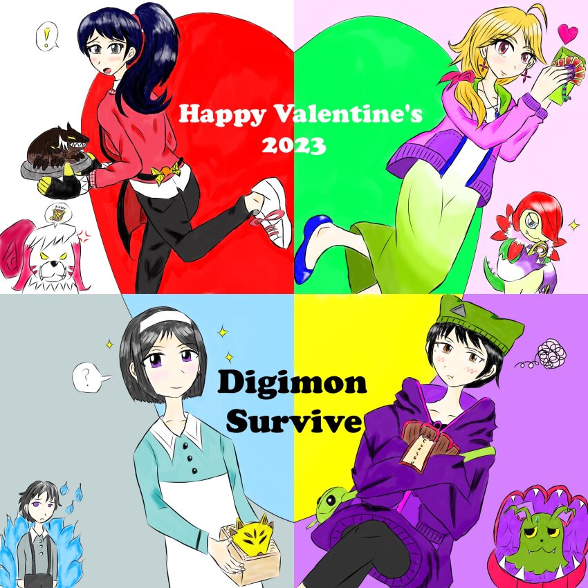angry blush cerberumon digimon digimon_(creature) digimon_survive embarrassed floramon flower haru_(digimon_survive) highres kimishima_saki labramon looking_at_another looking_at_viewer mask minase_miyuki nail_polish shakomon shibuya_aoi shinonome_miu sparkle