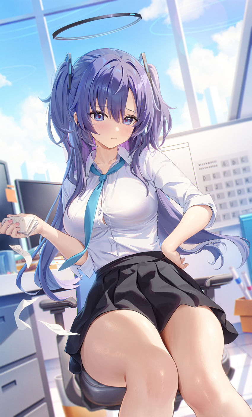 1girl absurdres black_skirt blue_archive blue_necktie blue_sky breasts button_gap closed_mouth collared_shirt commentary_request frown halo hand_on_own_hip highres holding holding_paper houkisei large_breasts light_blush long_hair looking_at_viewer mechanical_halo necktie notes office paper pleated_skirt purple_eyes purple_hair shirt shirt_tucked_in sitting skirt sky solo swivel_chair thick_thighs thighs tilted_head two_side_up wavy_mouth white_shirt window yuuka_(blue_archive)