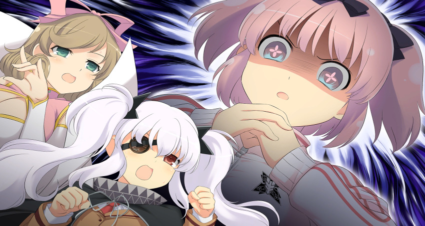 3girls arms_up black_ribbon blue_eyes blush bow breasts cleavage eyepatch fighting_stance game_cg green_eyes hair_ornament hair_ribbon haruka_(senran_kagura) hibari_(senran_kagura) highres huge_breasts jacket lab_coat large_breasts long_hair multiple_girls necktie non-web_source official_art open_mouth pink_bow pink_hair pink_pupils purple_background raised_fists red_eyes red_necktie ribbon senran_kagura senran_kagura_estival_versus shirt short_hair short_twintails shuriken symbol-shaped_pupils track_jacket twintails weapon white_hair white_shirt yaegashi_nan yagyu_(senran_kagura)