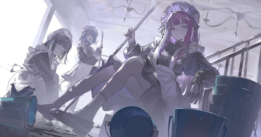 3girls absurdres apron black_dress black_hair blue_eyes blue_hair bucket chandelier cleaning closed_mouth commentary_request dress highres holding holding_mop indoors knees_up long_hair long_sleeves looking_at_viewer maid maid_headdress mo011010 mop multiple_girls original purple_hair sitting spill stack standing waist_apron water white_apron window