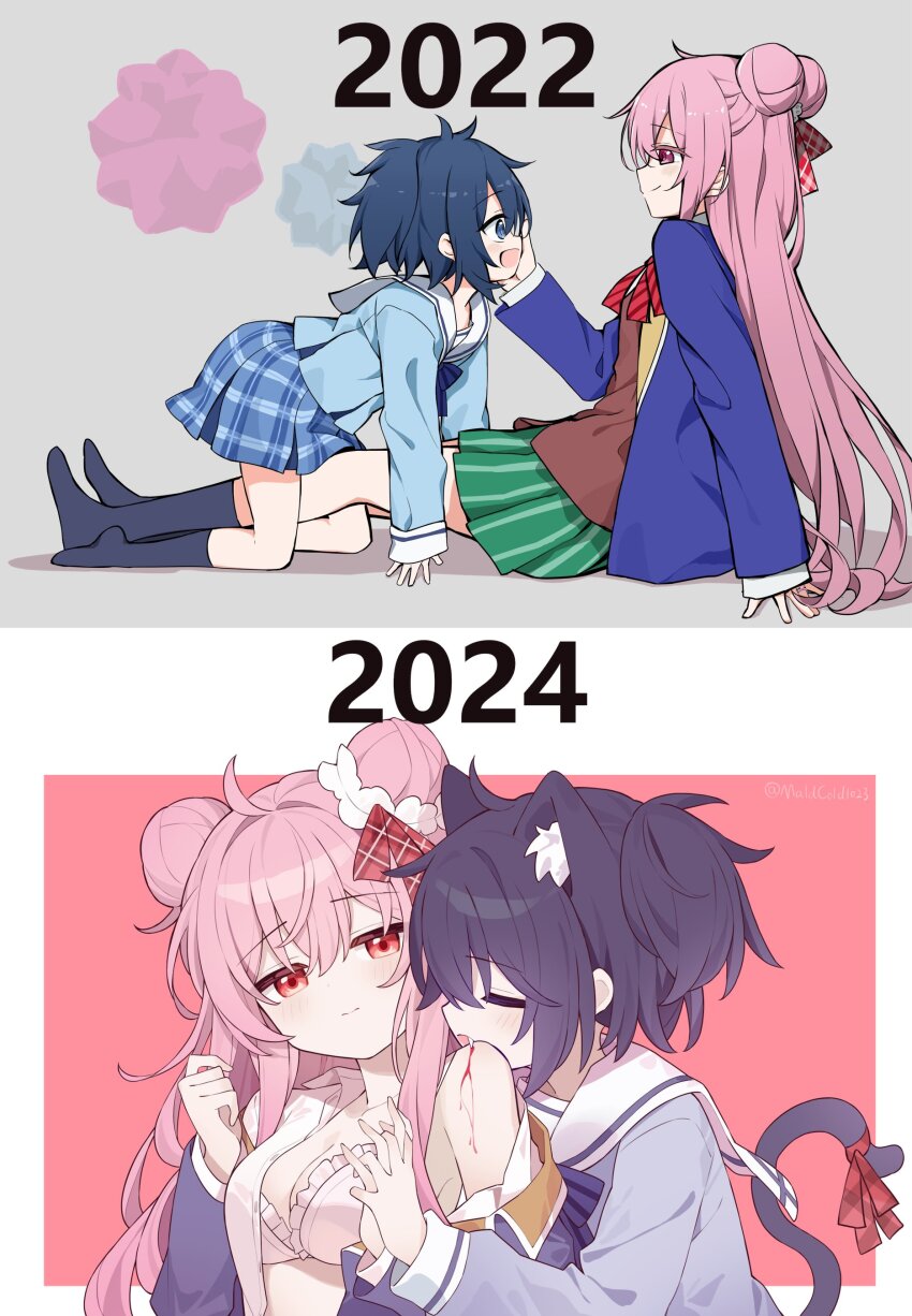 2022 2024 2girls absurdres age_difference age_progression ahoge animal_ears artist_name biting_shoulder black_hair blazer blood blue_eyes bow bra breasts cat_ears cat_girl cat_tail cleavage closed_eyes double_bun eye_contact fang hair_bun hand_on_another&#039;s_face happy_sugar_life highres jacket kemonomimi_mode koube_shio long_hair looking_at_another maidcode1023 matsuzaka_satou medium_breasts medium_hair multiple_girls no_shoes onee-loli open_mouth pink_hair red_eyes school_uniform simple_background sitting skirt smile socks tail tail_bow tail_ornament underwear yuri