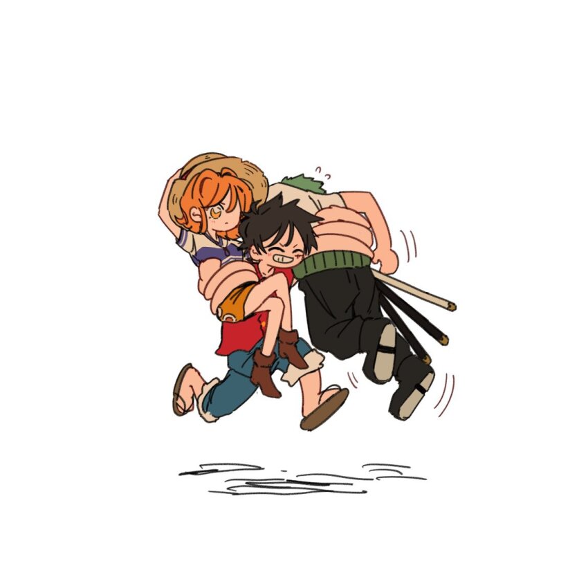 1girl 2boys carrying carrying_multiple_people carrying_person facial_scar feet_out_of_frame flying_sweatdrops green_hair haramaki hat monkey_d._luffy multiple_boys nami_(one_piece) nami_(one_piece)_(east_blue) one_piece orange_hair roronoa_zoro running scar scar_on_cheek scar_on_face shirt short_hair sideburns simple_background simplebeam skirt smile straw_hat striped_clothes striped_shirt sword triple_wielding two-tone_shirt v-neck weapon white_background yellow_skirt