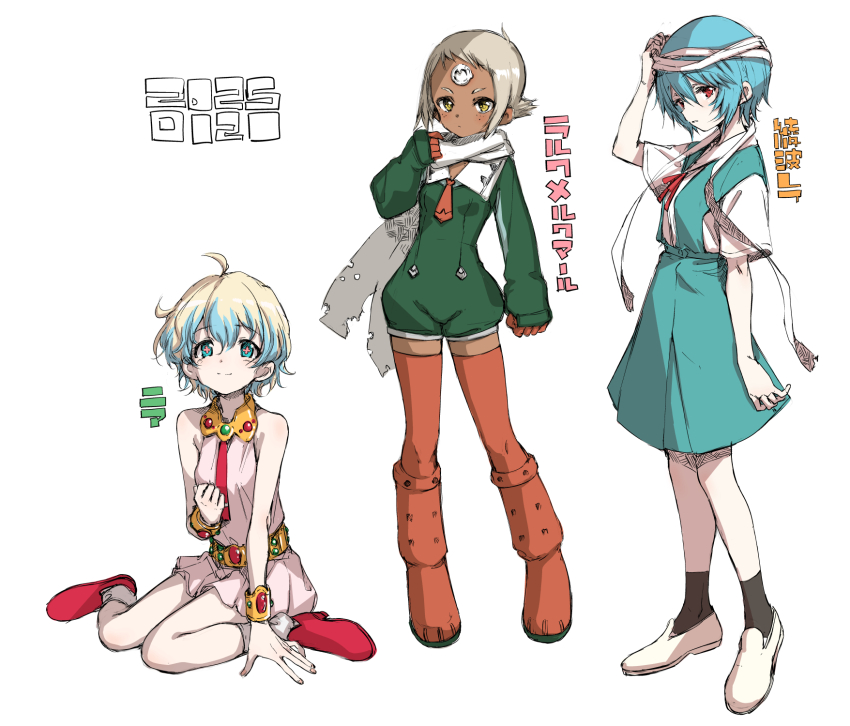 +_+ 3girls ayanami_rei bare_shoulders blue_eyes blue_hair boots commentary_request dark-skinned_female dark_skin dress expressionless facial_mark flat_chest forehead_mark full_body grey_hair hamao highres lal&#039;c_mellk_mal light_smile looking_at_viewer multiple_girls neon_genesis_evangelion nia_teppelin red_eyes scarf school_uniform short_dress short_hair sitting sketch tengen_toppa_gurren_lagann thigh_boots tokyo-3_middle_school_uniform top_wo_nerae!_(series) top_wo_nerae_2! white_hair yellow_eyes
