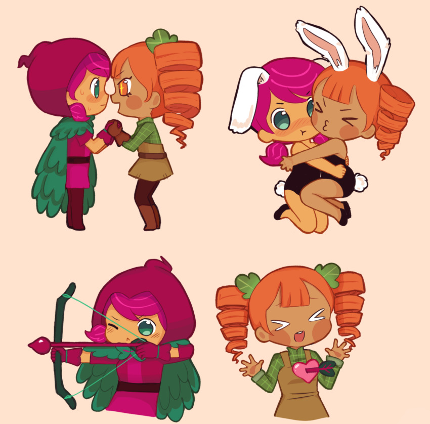 2girls alternate_costume animal_ears arrow_(projectile) beet_cookie bow_(weapon) carrot_cookie cloak commentary cookie_run dark-skinned_female dark_skin deformed drill_hair english_commentary fake_animal_ears fake_tail fawnmoth green_eyes heart highres holding holding_bow_(weapon) holding_hands holding_weapon hood hood_up hug leotard low_twintails multiple_girls multiple_views one_eye_closed orange_background orange_hair petite playboy_bunny purple_hair rabbit_ears rabbit_tail smile tail twin_drills twintails weapon yuri