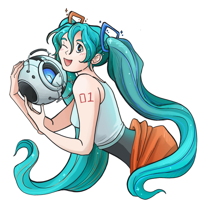 1girl 1other ;d aqua_hair arm_tattoo bee_rosmyth blue_eyes blush chell chell_(cosplay) commentary cosplay english_commentary hatsune_miku highres leaning_forward long_hair one_eye_closed open_mouth portal portal_(series) portal_2 robot shirt smile sparkle tattoo twintails very_long_hair vocaloid wheatley white_shirt