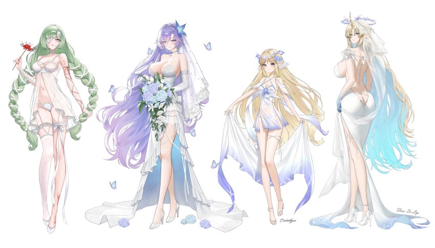 4girls absurdres alternate_costume ass babydoll back backless_dress backless_outfit bandage_over_one_eye bare_back bare_shoulders blonde_hair blue_butterfly blue_eyes blue_flower blue_hair blue_hands bouquet braid breasts bridal_lingerie bridal_veil bug butt_crack butterfly cantarella_(wuthering_waves) cartethyia_(wuthering_waves) cleavage closed_mouth colored_extremities colored_inner_hair commentary criss-cross_halter crown_of_thorns dang_geun23283 dress dual_persona elbow_gloves english_commentary fleurdelys_(wuthering_waves) flower gloves grey_eyes grey_hair hair_flower hair_ornament halter_dress halterneck high_heels highres holding holding_bouquet holding_flower horns huge_breasts insect large_breasts lingerie long_dress long_hair long_horns looking_at_viewer low_twin_braids median_furrow medium_breasts multicolored_hair multiple_girls navel panties parted_bangs parted_lips phrolova_(wuthering_waves) purple_hair shoes simple_background single_horn single_thighhigh smile spider_lily stomach strapless strapless_dress tacet_mark_(wuthering_waves) thighhighs thighs twin_braids underwear veil very_long_hair wedding_dress white_babydoll white_background white_dress white_gloves white_panties white_shoes white_thighhighs white_veil wuthering_waves yellow_horns