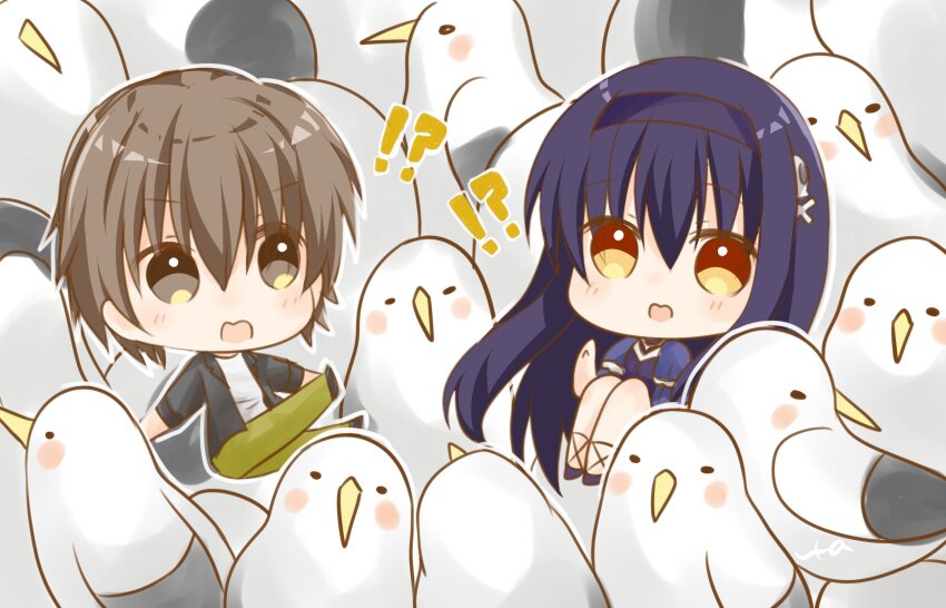 !? 1boy 1girl bird black_hair black_shirt blue_capelet blush bone_hair_ornament brown_eyes brown_hair capelet chibi chibi_only commentary_request full_body green_pants hair_between_eyes hair_ornament hand_up highres knees_up kushima_kamome long_hair looking_at_another name_connection open_clothes open_mouth open_shirt pants seagull shirt short_hair sitting skull_and_crossbones skull_hair_ornament spiked_hair summer_pockets surprised takahara_hairi tareme too_many too_many_birds ura_(ura-tennislove) v-shaped_eyebrows very_long_hair wavy_mouth white_bird white_shirt yellow_eyes
