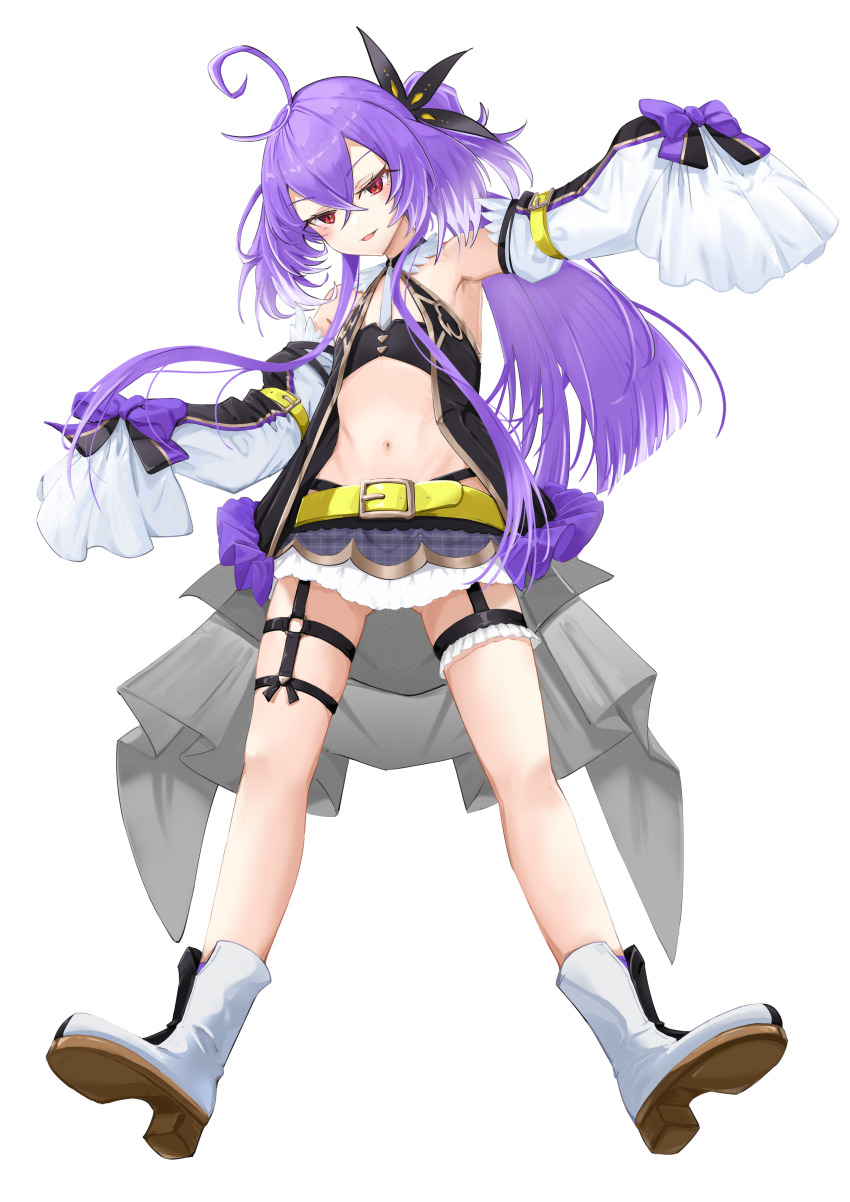 1girl :3 absurdres ahoge ankle_boots arm_belt arm_up armpits bare_shoulders belt black_boots black_dress block_heels blue_skirt blush boots bow colored_shoe_soles colored_tips commentary_request crossed_bangs detached_sleeves dress flat_chest frilled_dress frilled_thigh_strap frills full_body gluteal_fold gold_trim hair_between_eyes hair_ornament halter_dress halterneck high_heel_boots high_heels highres hiyoku_no_crosspiece layered_skirt long_bangs long_hair looking_at_viewer microdress microskirt multicolored_hair multiple_thigh_straps nanashi_inc. navel o-ring o-ring_thigh_strap open_clothes open_dress open_mouth outstretched_legs plaid_clothes plaid_skirt purple_bow purple_hair red_eyes revealing_clothes sankyo_(821-scoville) shisui_kiki shisui_kiki_(1st_costume) simple_background skirt sleeveless sleeveless_dress sleeves_past_fingers sleeves_past_wrists smile solo stomach thigh_strap two-tone_hair underbust very_long_hair virtual_youtuber white_background white_boots white_hair white_skirt white_sleeves yellow_belt