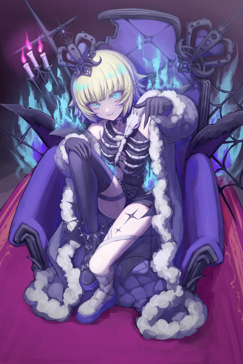 1girl aqua_eyes bandage_on_leg bandages bare_shoulders black_crown black_leotard black_skirt blonde_hair blue_fire bone_ornament candlestand cloak colored_tips commentary_request crown ear_ornament ear_piercing fang fangs fire full_body fur-trimmed_cloak fur_trim heart heart-shaped_ornament highres indie_utaite leotard looking_at_viewer medium_hair multicolored_hair open_clothes osobachan piercing purple_hair ribs single_thighhigh sitting sitting_on_throne skirt skull_ornament slit_pupils smile star_(symbol) thighhighs throne tug_(utaite) utaite