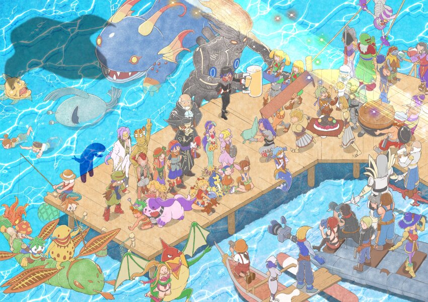 6+boys 6+girls adjusting_eyewear alien animal_ears armor armored_boots bald bandana beanie beard black_hair blonde_hair blue_hair blue_headwear blue_shorts blunt_bangs boat boots brothers brown_hair buckler bun_cover camera chef_hat child chrono_cross clown colored_skin cookie creature cropped_jacket cup curly_hair cyborg dario_(chrono_cross) dark_serge_(chrono_cross) doc_(chrono_cross) dock dog double_bun draggy_(chrono_cross) dragon dress drinking eating everyone eye_mask facial_hair fairy fargo_(chrono_cross) father_and_son fisherman food funguy_(chrono_cross) glasses glenn_(chrono_cross) greco_(chrono_cross) green_dress green_headwear green_pants green_ribbon grey_hair grey_headband grey_skin grin grobyc_(chrono_cross) guile_(chrono_cross) gun hair_bun hair_ornament handgun harle_(chrono_cross) harlequin harness hat hat_feather headband highres holding holding_camera holding_chair holding_cup holding_food holding_gun holding_weapon irenes_(chrono_cross) jacket janice_(chrono_cross) jester_cap karsh_(chrono_cross) kneeling korcha_(chrono_cross) lab_coat leah_(chrono_cross) leena_(chrono_cross) long_hair luccia_(chrono_cross) lynx_(chrono_cross) macha_(chrono_cross) marcy_(chrono_cross) mel_(chrono_cross) mermaid miki_(chrono_cross) mohawk mojo_(chrono_cross) monster_girl multi-tied_hair multiple_boys multiple_girls neofio_(chrono_cross) nikki_(chrono_cross) norris_(chrono_cross) nu_(chrono_trigger) nurse_cap ocean old old_man on_boat one_eye_closed orange_headwear orcha_(chrono_cross) orlha_(chrono_cross) own_hands_together pants parted_bangs peppor_(chrono_cross) pierre_(chrono_cross) pink_dress pip_(chrono_cross) pointy_ears pontoon ponytail poshul_(chrono_cross) purple_dress purple_fur purple_hair rabbit_ears rabbit_girl rabbit_tail radius_(chrono_cross) razzly_(chrono_cross) red_bandana red_hair red_jacket red_ribbon ribbon riddel_(chrono_cross) riicoshibuya rowboat serge_(chrono_cross) shield shirt short_hair short_sleeves shorts shoulder_armor siblings sisters skeleton skelly_(chrono_cross) smile snake_hair_ornament sneff_(chrono_cross) solt_(chrono_cross) sprigg_(chrono_cross) starky_(chrono_cross) steena_(chrono_cross) striped_clothes striped_headwear tail tongue tongue_out topless_male turnip_(chrono_cross) twins twintails v van_(chrono_cross) voodoo_doll watercraft weapon white_shirt wrestling_outfit zappa_(chrono_cross) zoah_(chrono_cross)