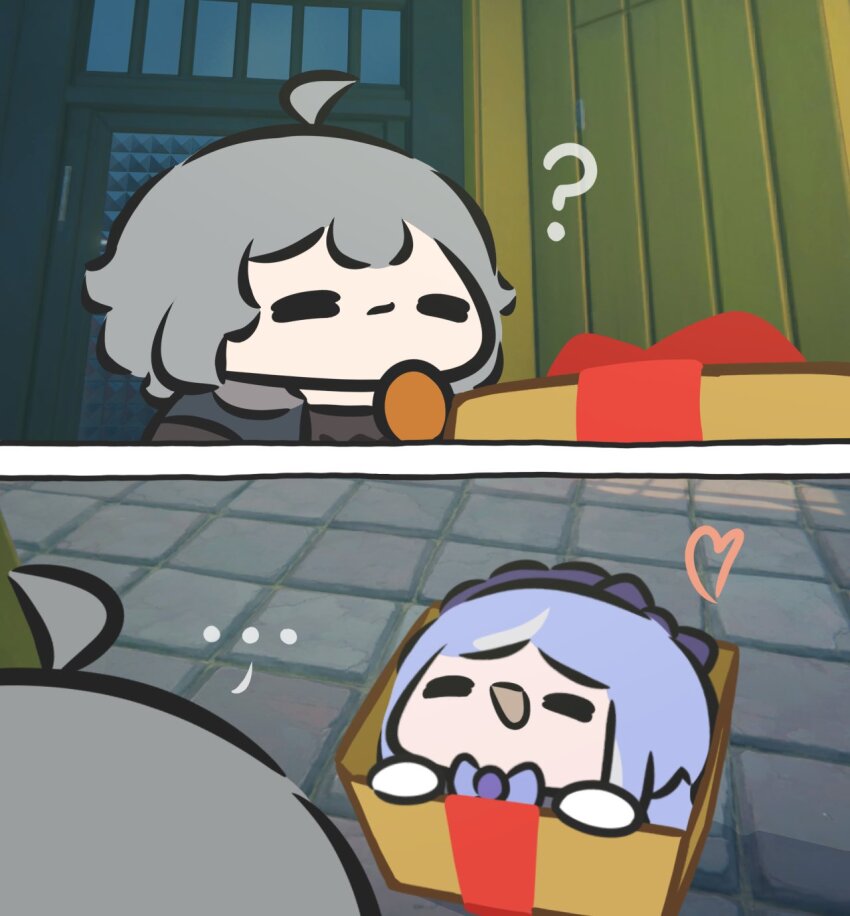 ... 1boy 1girl ? black_shirt blue_jacket box chibi chibi_only closed_eyes closed_mouth crossed_bangs frown game_screenshot_background gift gift_box grey_hair hair_between_eyes highres jacket open_mouth purple_hair screenshot_background shirt smile superappleman vivian_(zenless_zone_zero) wise_(zenless_zone_zero) zenless_zone_zero