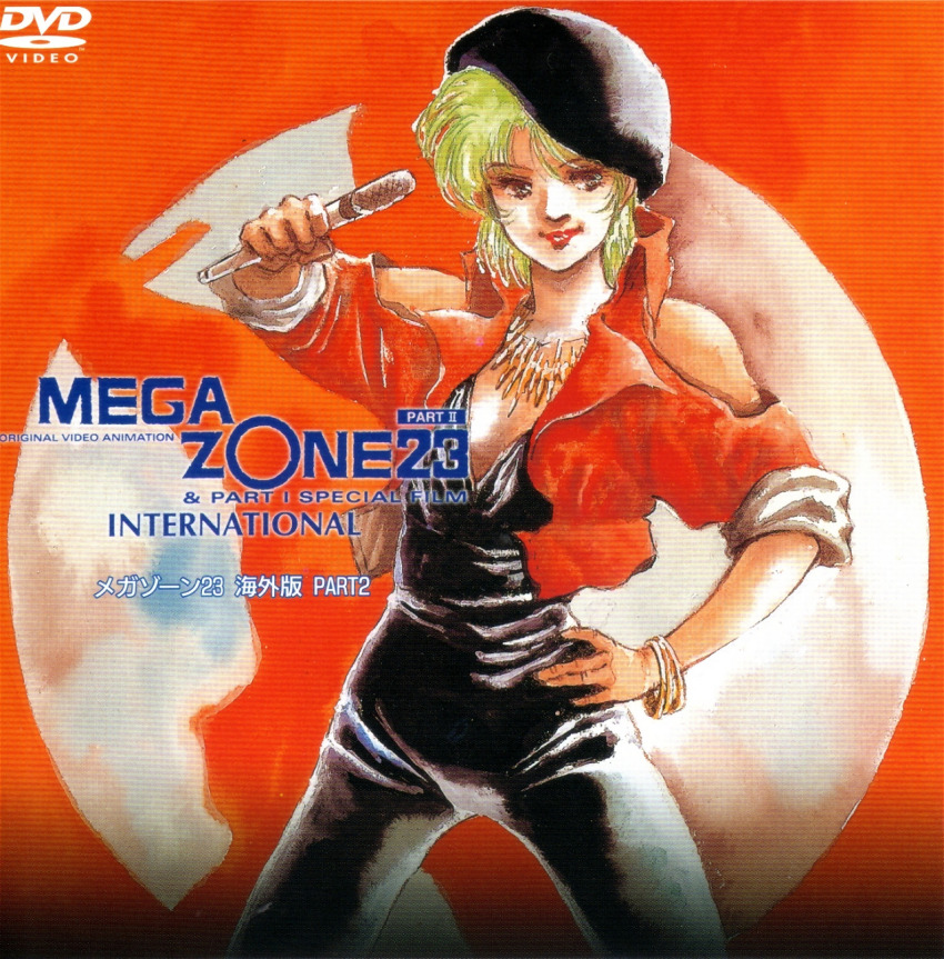 1980s_(style) 1girl beret blue_eyes commentary cover dvd_cover dvd_logo english_commentary green_hair hand_on_own_hip hat highres jacket jewelry logo megazone_23 microphone mikimoto_haruhiko music oldschool painting_(medium) red_lips retro_artstyle scan singing title tokimatsuri_eve traditional_media