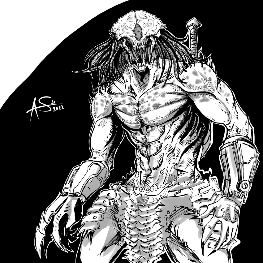 1boy abs anthoniarts armor black_background claws commentary dated dreadlocks fingernails gauntlets greyscale highres loincloth male_focus mask mask_on_head monochrome monster muscular open_mouth predator_(character) predator_(series) prey_(predator) sharp_fingernails sharp_teeth signature solo sword sword_on_back teeth topless_male weapon weapon_on_back
