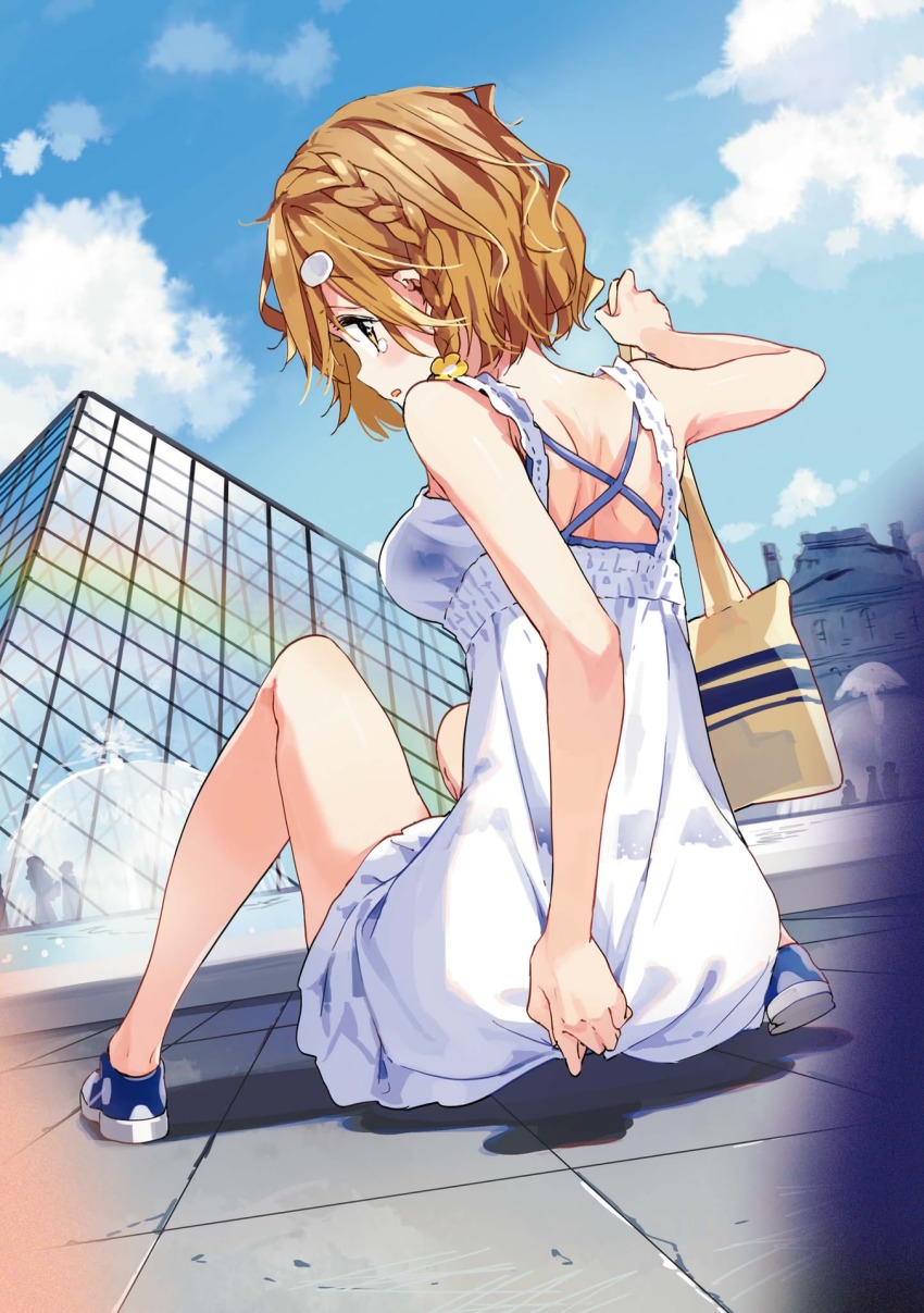 1girl bag bare_legs blue_bra blue_sky bra braid breasts brown_eyes brown_hair covering_ass covering_privates day dress dutch_angle female_focus french_braid from_behind garter_belt hair_ornament hairclip highres koiwai_yoshino looking_back masamune-kun_no_revenge medium_breasts no_panties no_socks outdoors profile see-through_clothes shoes shoulder_bag side_braid sitting sky sneakers solo tearing_up tiv underwear white_dress