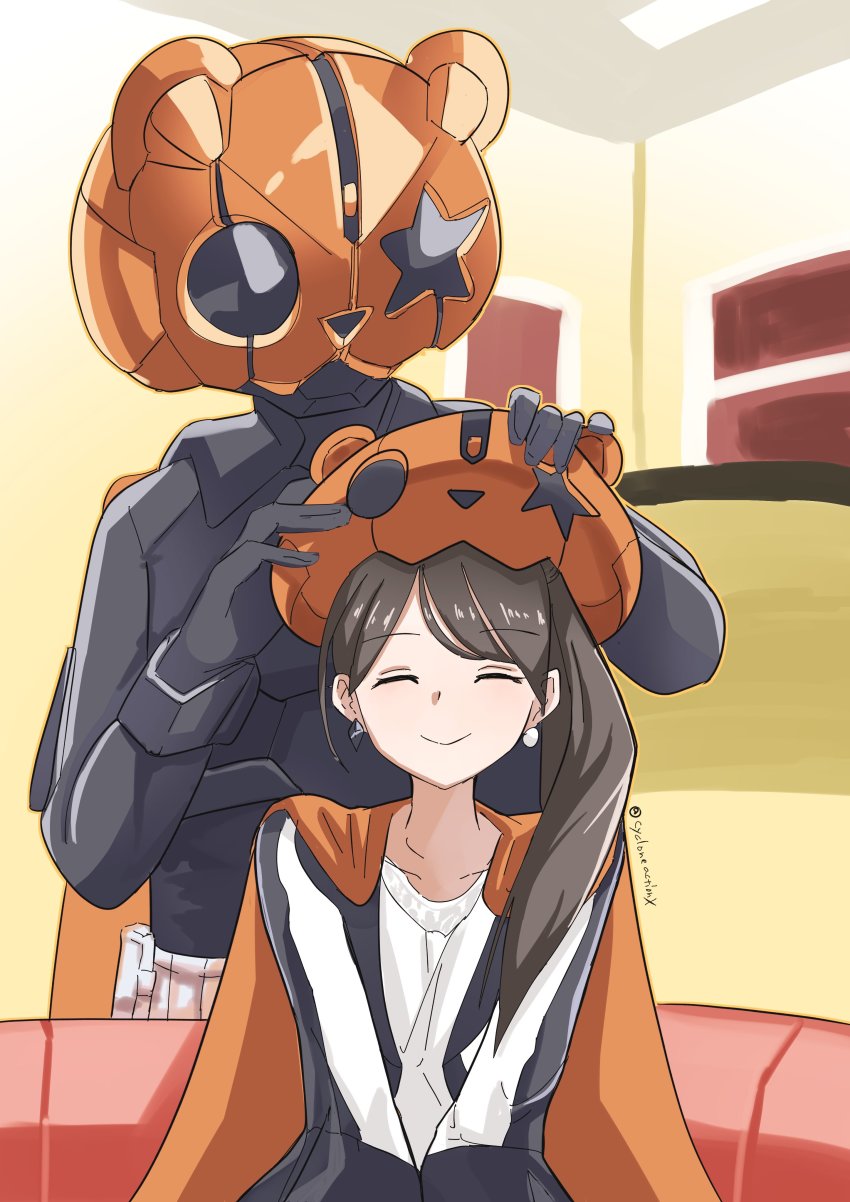 1boy 1girl absurdres animification bear black_bodysuit black_corset black_gloves black_nails bodysuit breasts cape commentary corset cosplay cycloneactionx desire_driver dress earrings entry_form gloves halloween halloween_costume helmet highres jacket jewelry kamen_rider kamen_rider_geats_(series) kamen_rider_punkjack kamen_rider_punkjack_(cosplay) large_breasts male_focus medium_breasts mismatched_earrings multicolored_hair nail_polish orange_cape ponytail purple_background side_ponytail sketch smile solo streaked_hair superhero_costume symbol-only_commentary tsumuri_(kamen_rider_geats) upper_body white_dress white_jacket