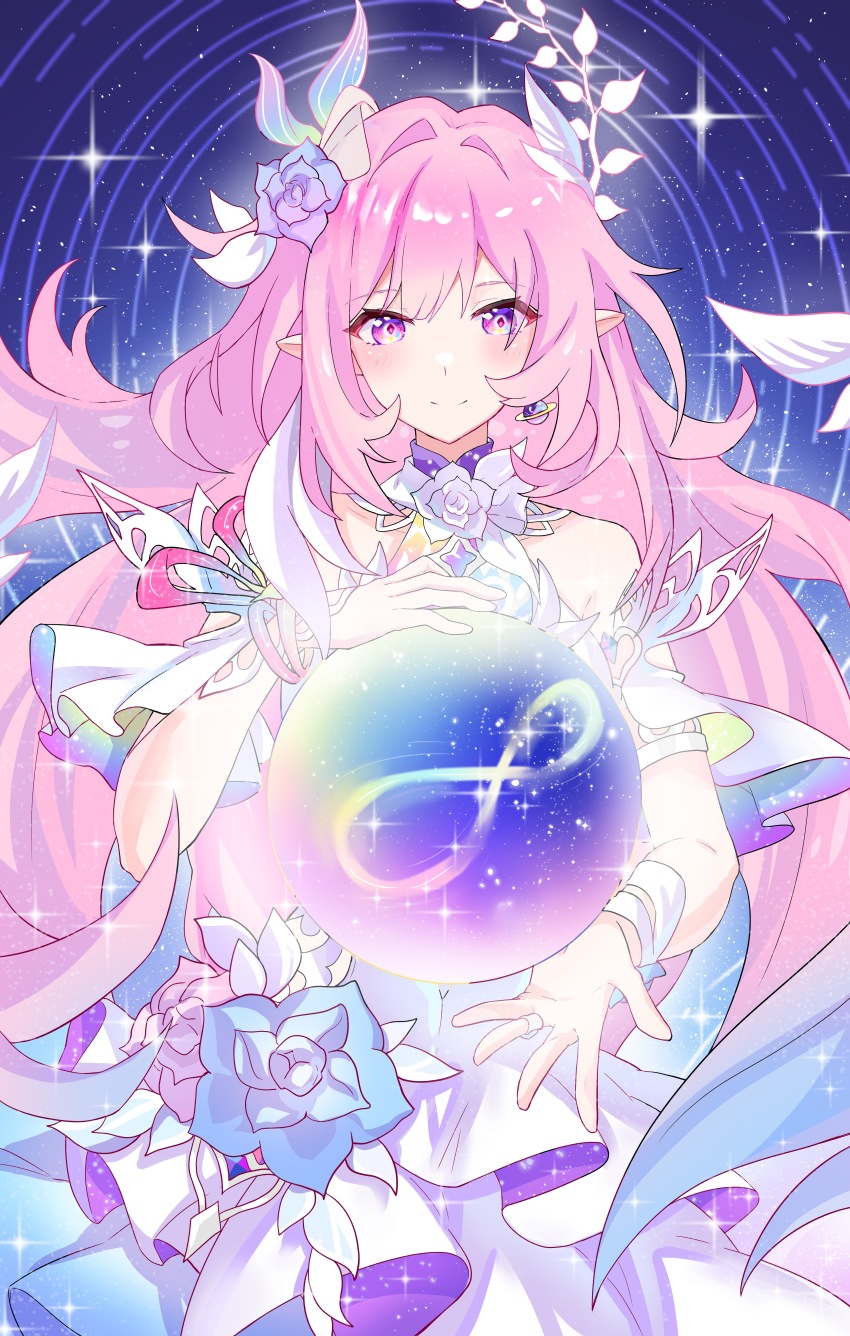 1girl absurdres amphoreus_(honkai:_star_rail) aqua_hair bare_shoulders chinese_commentary commentary_request cyrene_(honkai:_star_rail) cyrene_(ripples_of_past_reverie)_(honkai:_star_rail) daquanquan31967 diamond-shaped_pupils diamond_(shape) dress earrings flower hair_flower hair_ornament highres holding_orb honkai:_star_rail honkai_(series) jewelry long_hair mobius_strip multicolored_hair pink_hair pointy_ears purple_eyes sky smile solo star_(sky) starry_sky symbol-shaped_pupils very_long_hair white_dress white_hair