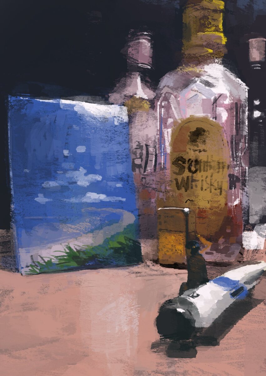 1girl alcohol english_text glass_bottle highres mini_person minigirl object_focus original paint_tube painting_(object) slow_d solo spirit still_life whiskey