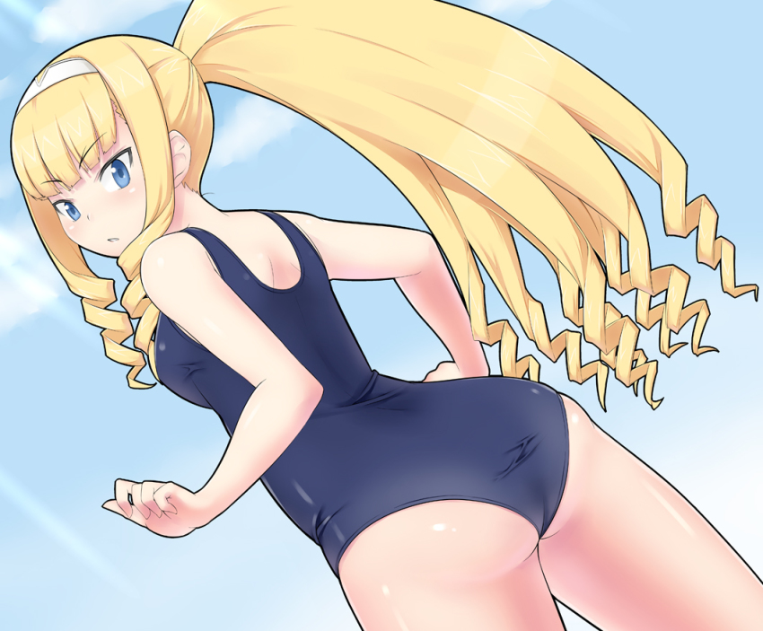 1girl ass blonde_hair blue_eyes dream_c_club dream_c_club_(series) dream_c_club_zero drill_hair female_focus haruka_(dream_c_club) long_hair looking_back one-piece_swimsuit ponytail school_swimsuit shougi_(116) shougi_(nicovideo13087625) solo swimsuit twin_drills twintails